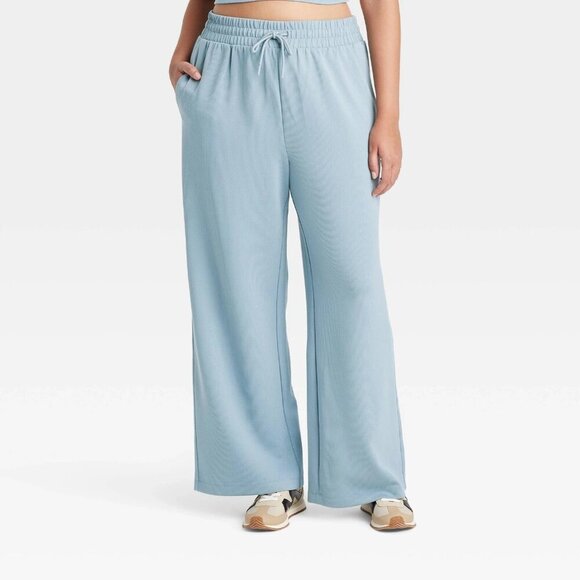 XXL - Womens Airy Sleek Ribbed High Rise Wide Leg Pants - AIM - Steel Blue - Picture 11 of 12